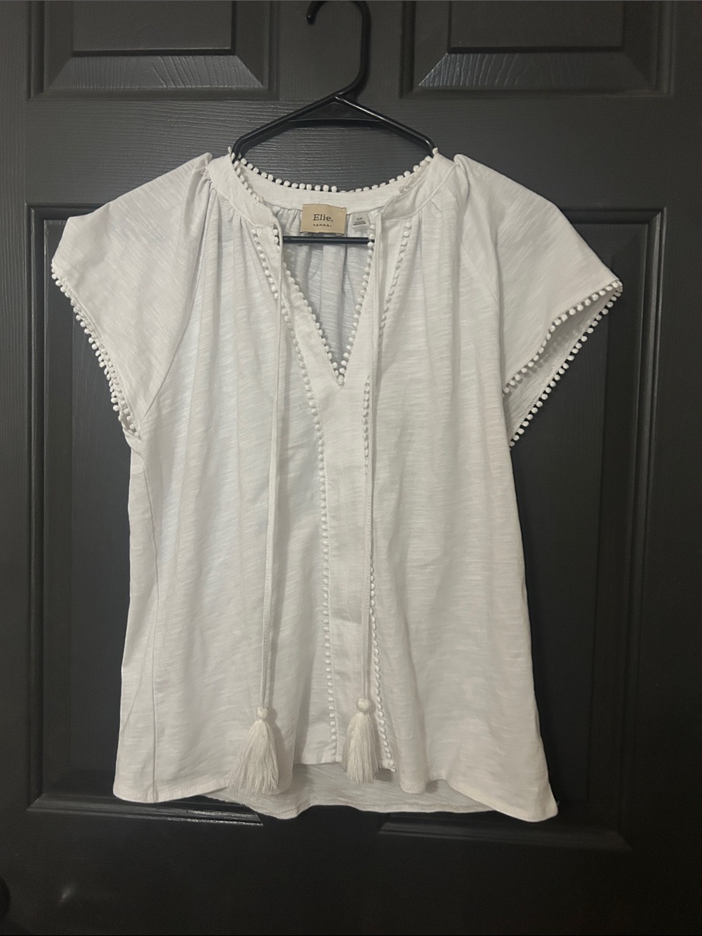 Elie Tahari White Pom-Pom Tassel Peasant Blouse